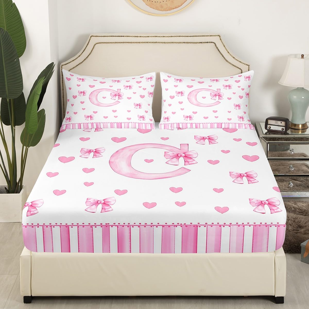 Girly Personalized Initial C Full Size Fitted Sheet No Top Sheet,Princess Style Bowknot Love Hearts 3 Pieces Kids Teenager Room Decor Pink Bow Pocket 2 Pillowcases