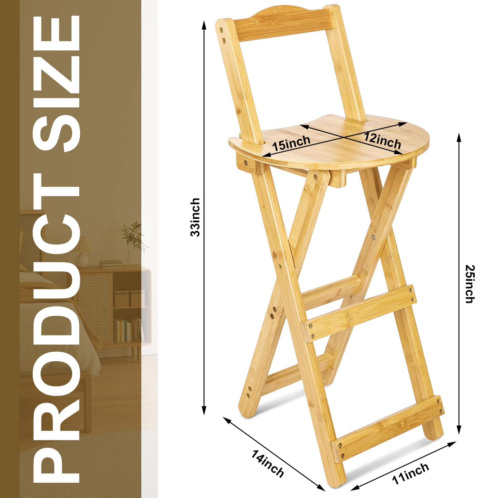 Leinuosen 1 Pieces Folding Bamboo Bar Stools with Backrest and Footrest