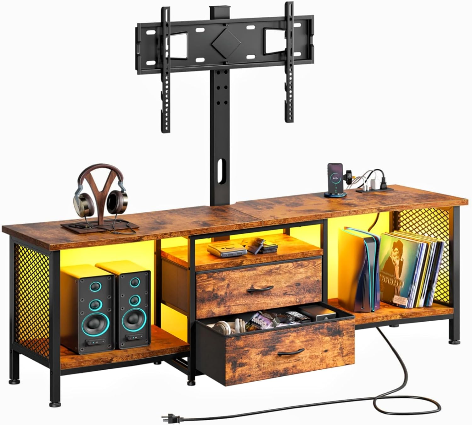 55" W TV Stand with Mount and Power Outlet for 32-65 Inch TV, LED Entertainment Center Swivel and Adjustable TV Stand with 2 Fabric Drawers for Living Room, Bedroom, Rustic Brown