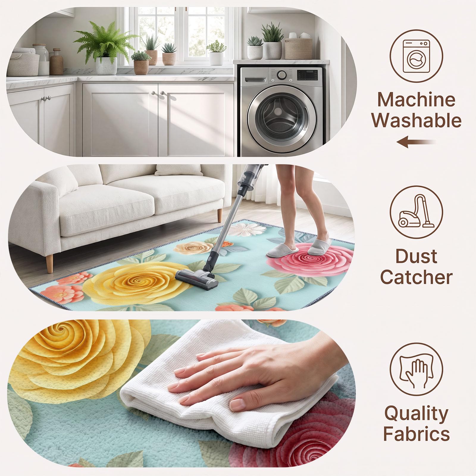 Générique Lavable en Machine Tapis Salon 80x154 cm, Floral Roses Antidérapant à Poil Ras Tapis, Moderne Art Romantique Écologique pour Salle à Manger Couloir Chambre Bureau