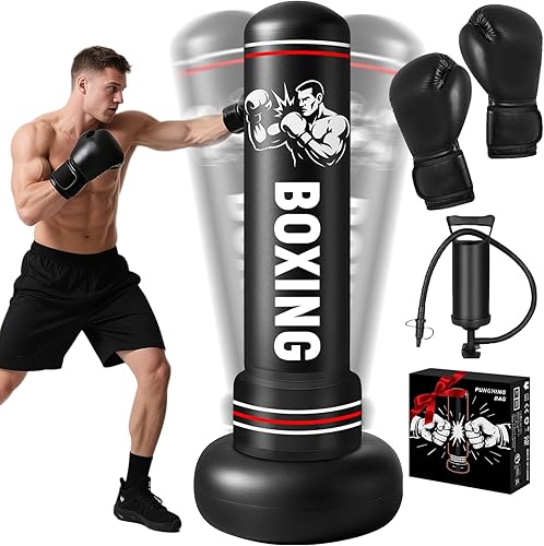 Saco de boxeo para adultos con soporte, 74.8 pulgadas, bolsa de boxeo pesada con guantes y bomba para hombres, mujeres, adolescentes, niños, niñas,
