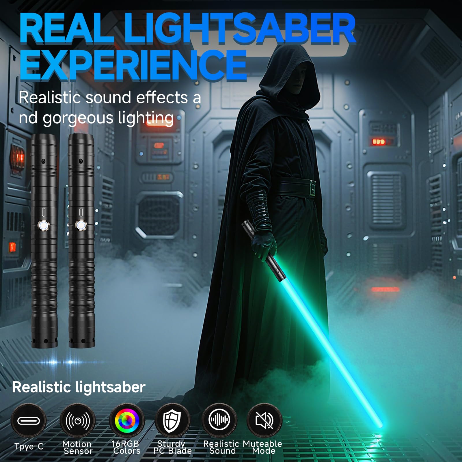 Lichtschwert Kinder & Erwachsene, USB-C Ladefunktion, RGB 15 Farben, 2-in-1 Duell Lightsaber mit 4 Modi, Metallgriff & robustem Schwert, Laserschwert Set 2 Stück (Schwarz 2pc)