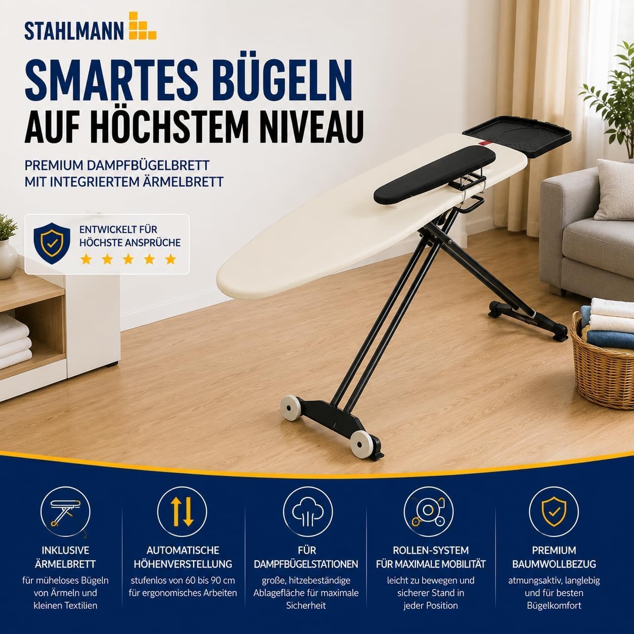 STAHLMANN® Bügelbrett für Dampfbügelstation [132x46] Ärmelbrett + Rollen | Dampfbügelstation-Bügelbrett 132 x 46 cm | Ärmelbrett | Rollen | 60-90 cm | Made in Europe
