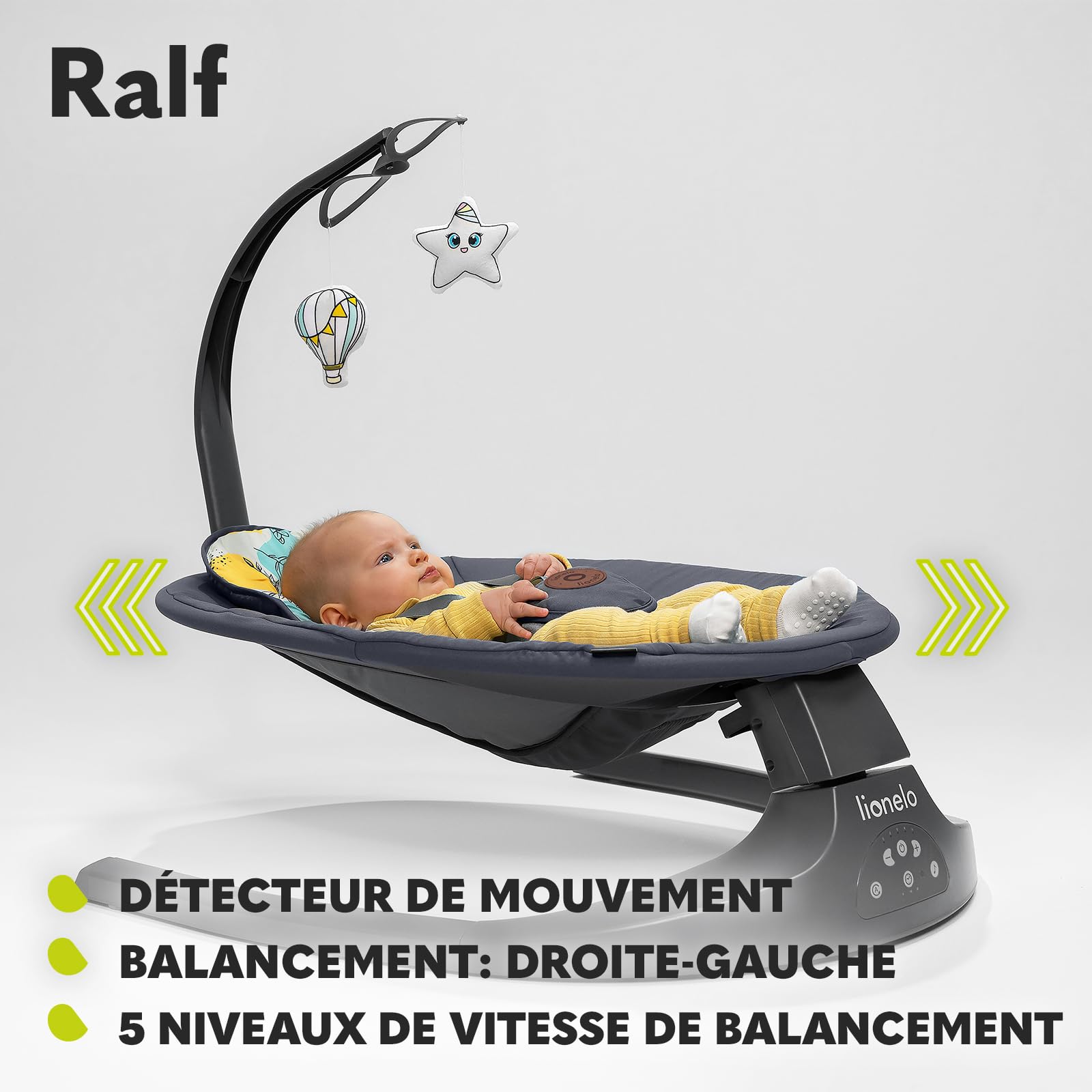 LIONELO Ralf 2en1 balancelle transat télécommande 12 mélodies 5 vitesses balancement blocage dossier réglable minuterie Gris Graphite