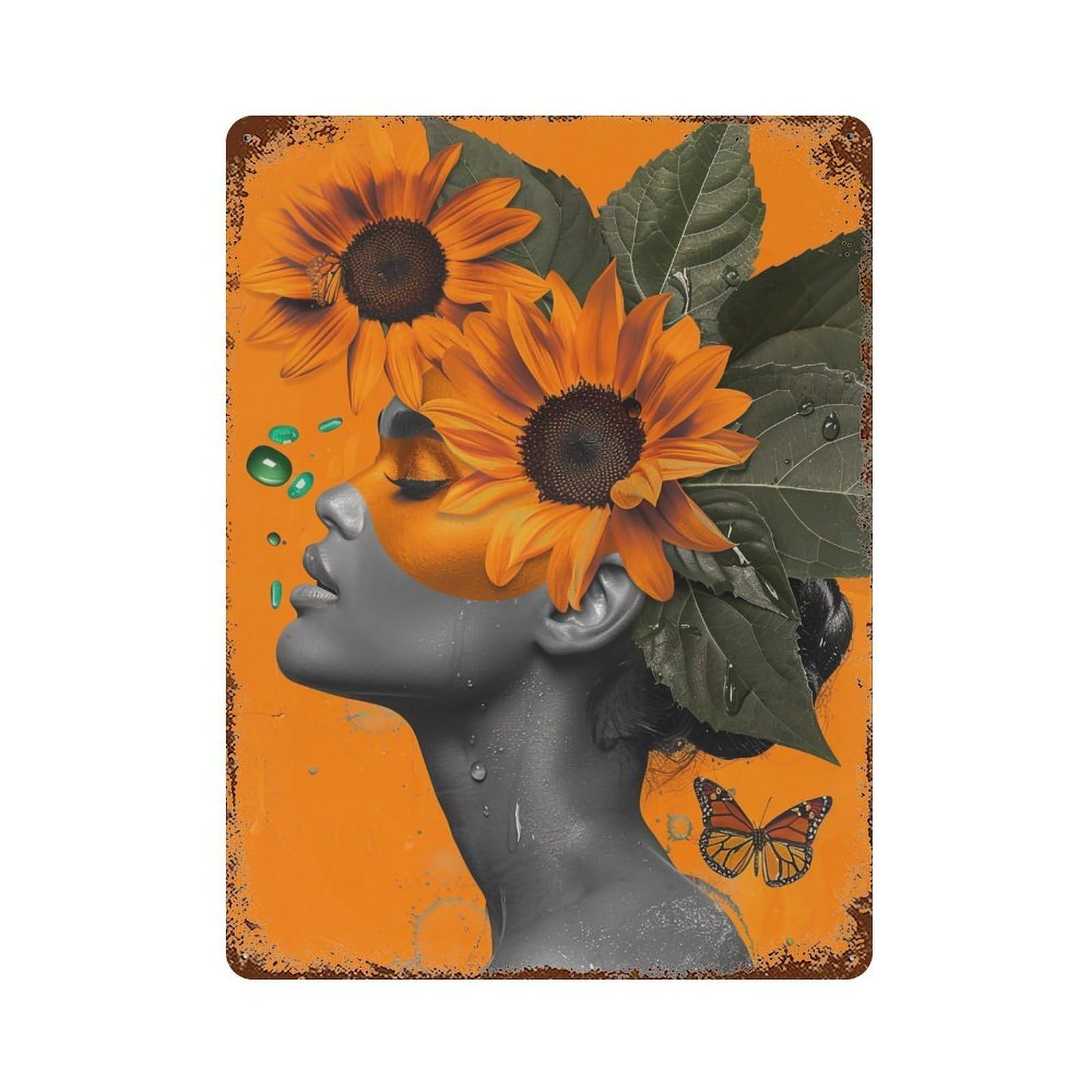 YHGERTKU Orange Sunflower Woman Butterfly 04 Wall Art Retro Iron Vintage Metal Tin Sign Poster Modern Decor for Living Rooms Gift 40x30cm
