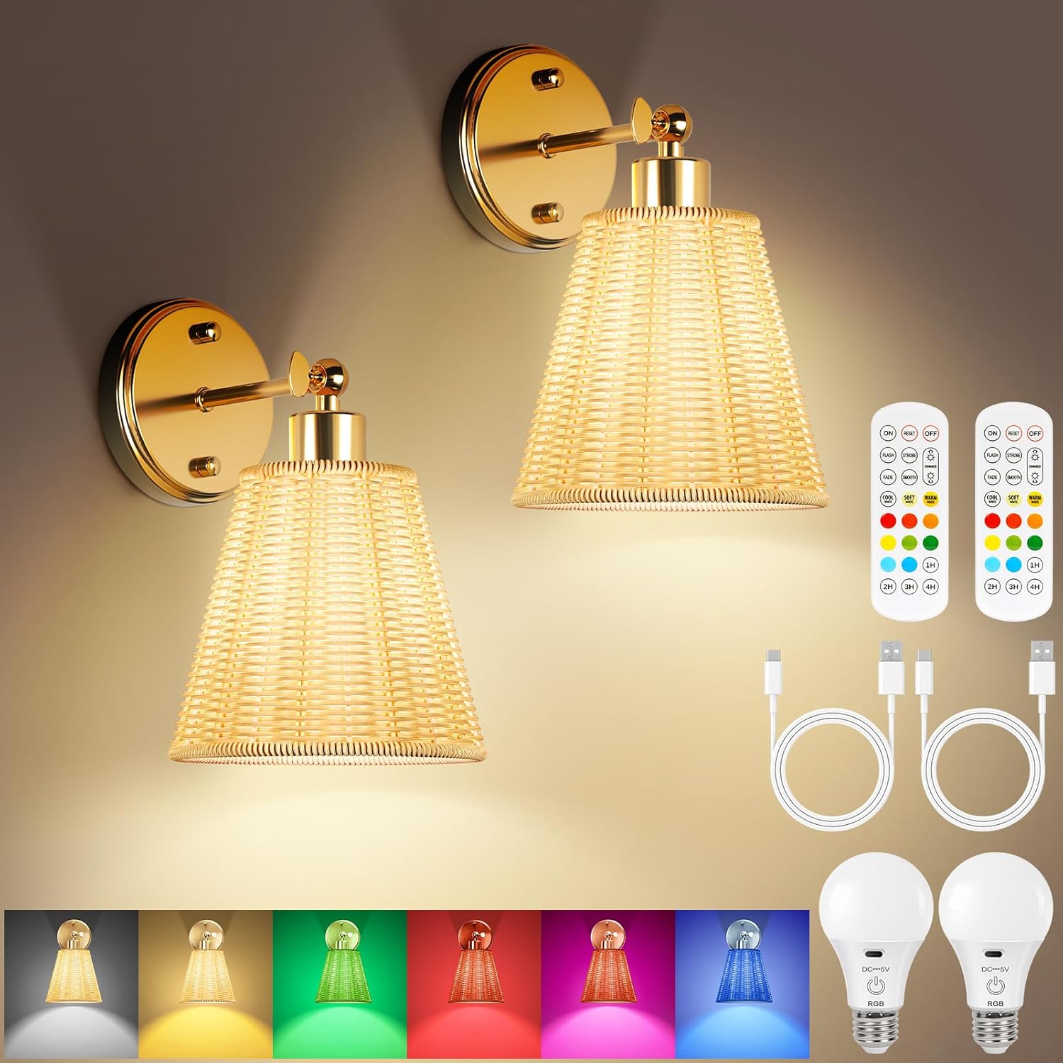 Frideko Swing Arm Rechargeable Battery Operated Wall Sconces Set of Two with Remote, RGB 15 Colors Dimmable Wall Light with Plastic Lampshade, 4 Timer Indoor Boho Wireless Sconce Lighting for Bedroom Orange