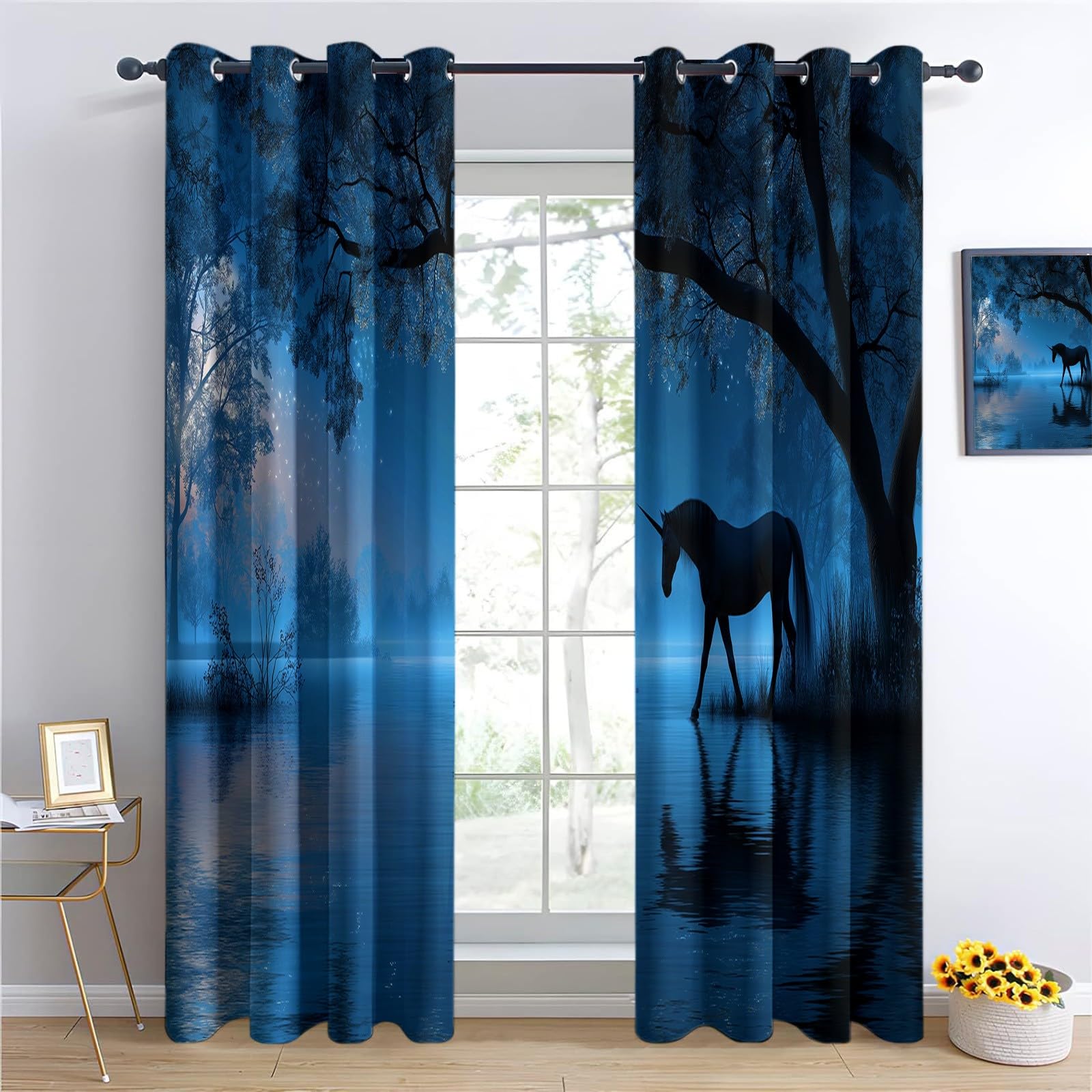 Générique Rideaux Occultants 100% Fantaisie Animaux, Ciel étoilé Licorne Rideau à Oeillets pour Salon Chambre d'enfant, Bleu - 2 Panneaux 183 x 214 cm (L x H)