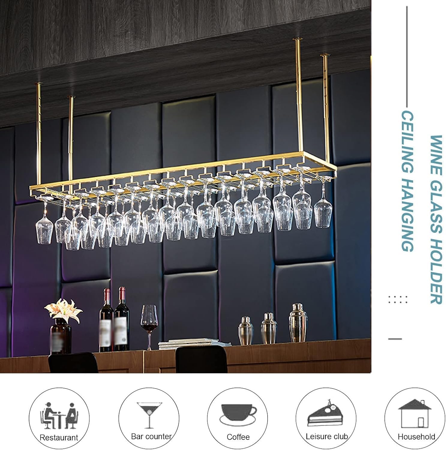 Hanging Wine Glass Rack Ceiling Shelf Wine Rack and Wine Glass Holder Metal Wine Bottle Holder with Glass Holder Goblet Stemware Racks for Under Cabinet, Kitchen, Bar,Gold Gold 120x25x21cm