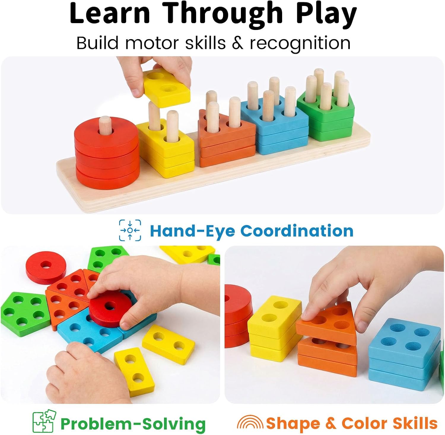 LovesTown Stacking and Sorting Learning Puzzles, Montessori Wooden Sensory Toys for Toddlers, 20 PCS
