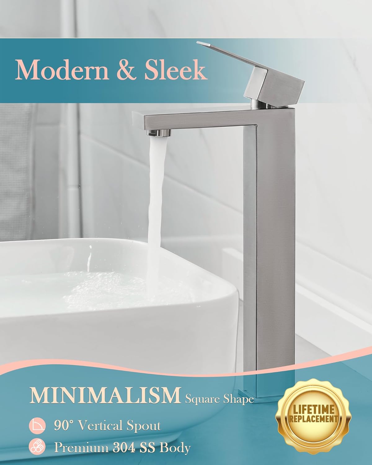 Vessel Sink Faucet Brushed Nickel, Tall Bathroom Faucets Stainless Steel, Faucet for Vanity/Bowl Sink with Metal Pop Up Drain - 9.96 Inch Spout High - Easy to Install