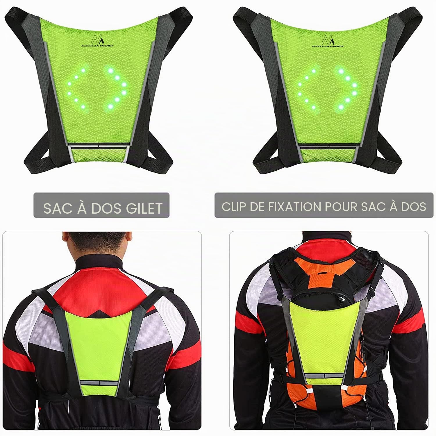 Maclean MCE420 Gilet de sécurité avec indicateurs LED Sac à Dos avec indicateurs de Direction réglables Télécommande Running Cycling USB Gilet de Cyclisme Rechargeable Taille Universelle
