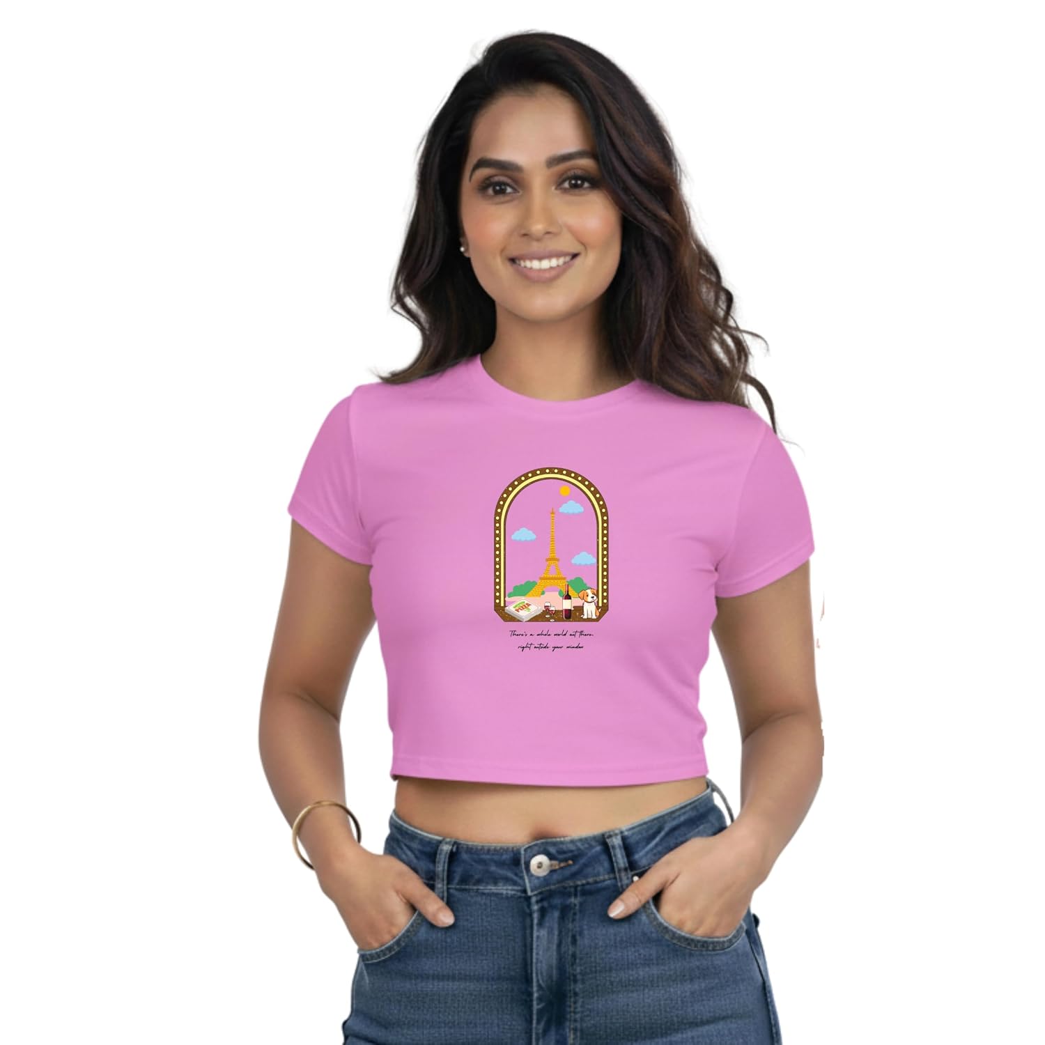 Women’s Graphic Cotton Casual Crop Top Slim Fit Round Neck Short Sleeve T-Shirt – Pink