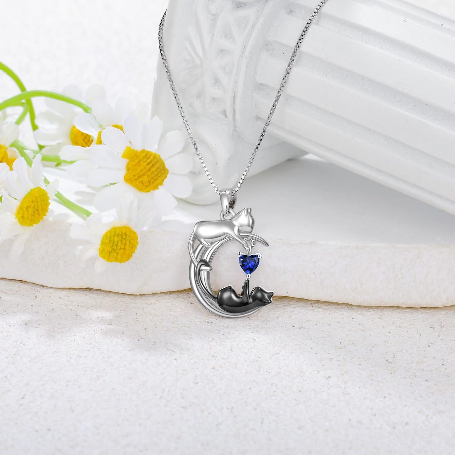 LONAGO White Cat and Black Cat Moon Pendant Necklace Sterling Silver Cat Necklace Jewelry Gift for Women - Image 2