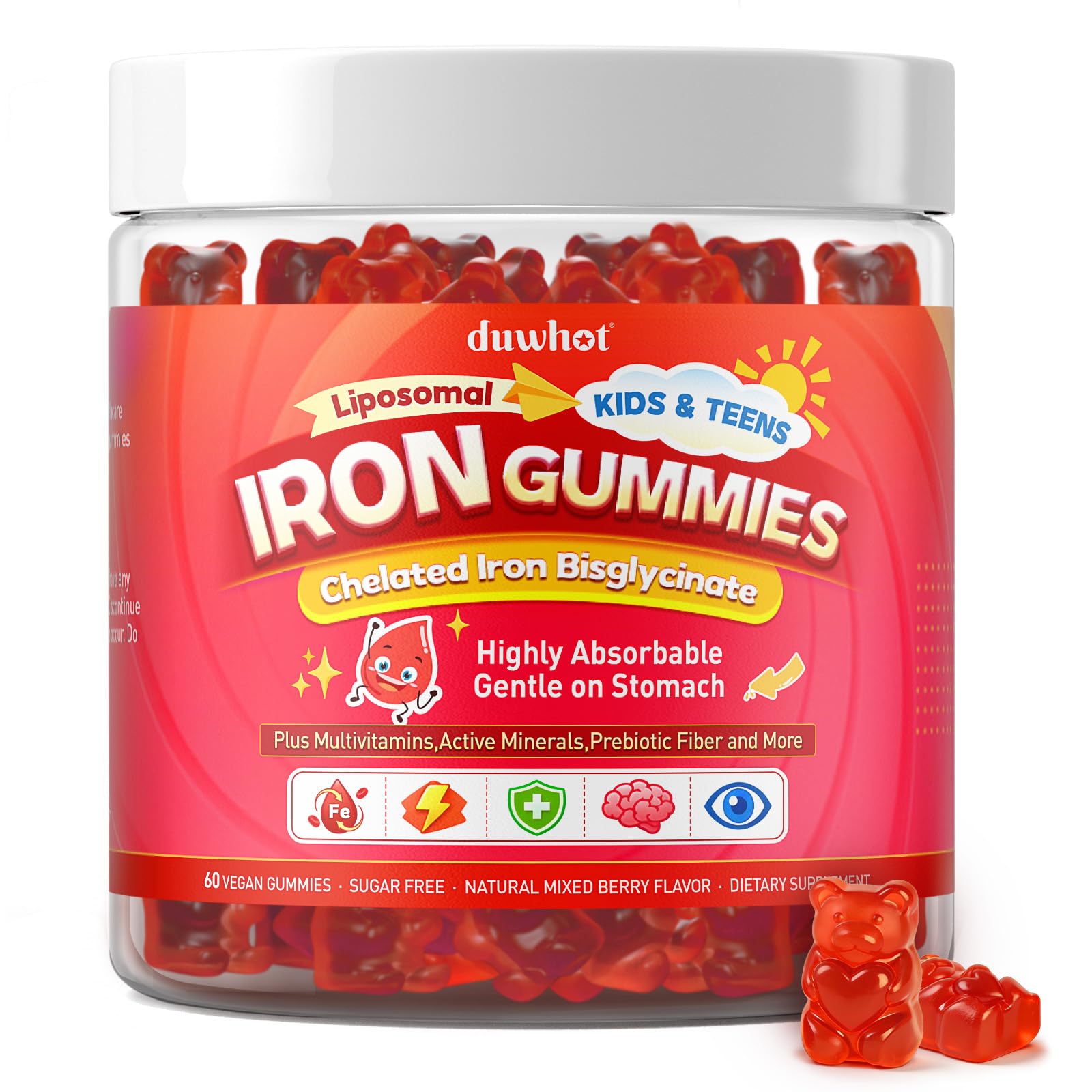 duwhot Iron Supplement Gummies Kids Teens, Iron Bisglycinate with Vitamin C