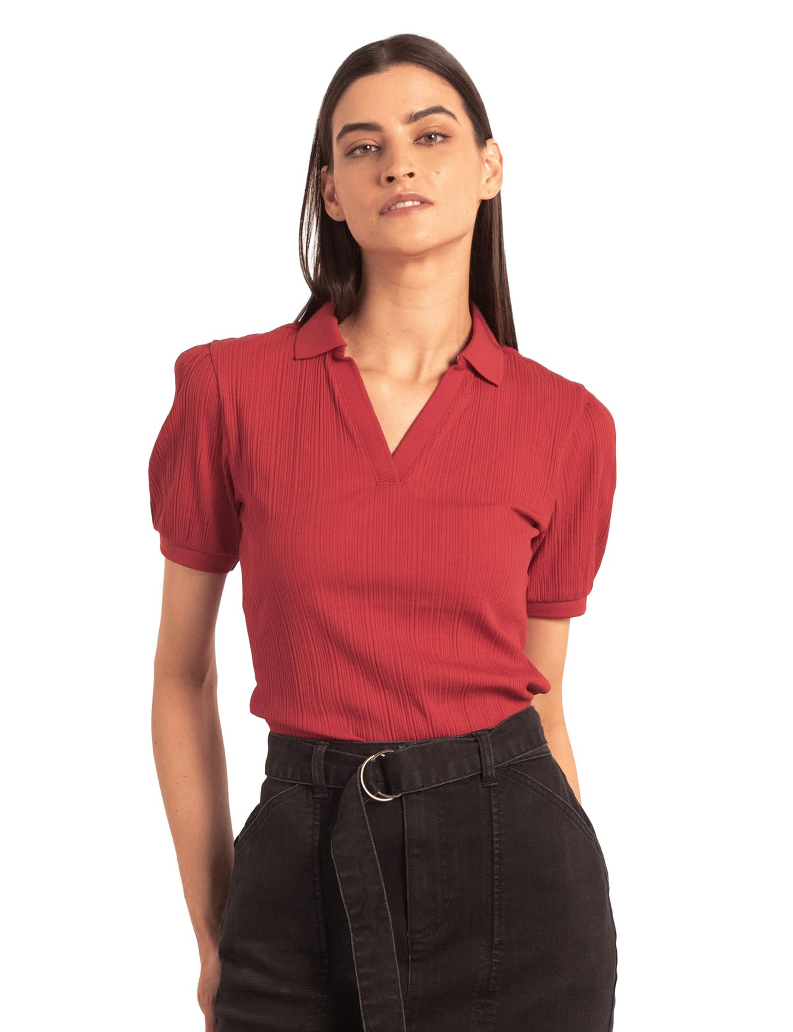 Enorsia Womens Puff Sleeve Polo Shirt with Ribbed Collar, Sleeve Cuffs, V-Shaped Neck Opening and Super Soft Variegated Rib Fabric (Red, 14)