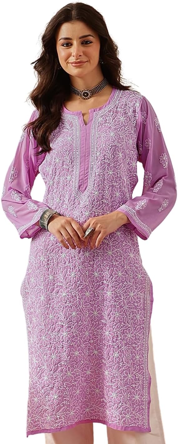 Ada Indian Hand Embroidered Chikankari Ethnic Wear Georgette Kurta Kurti Tunic for Women A95504