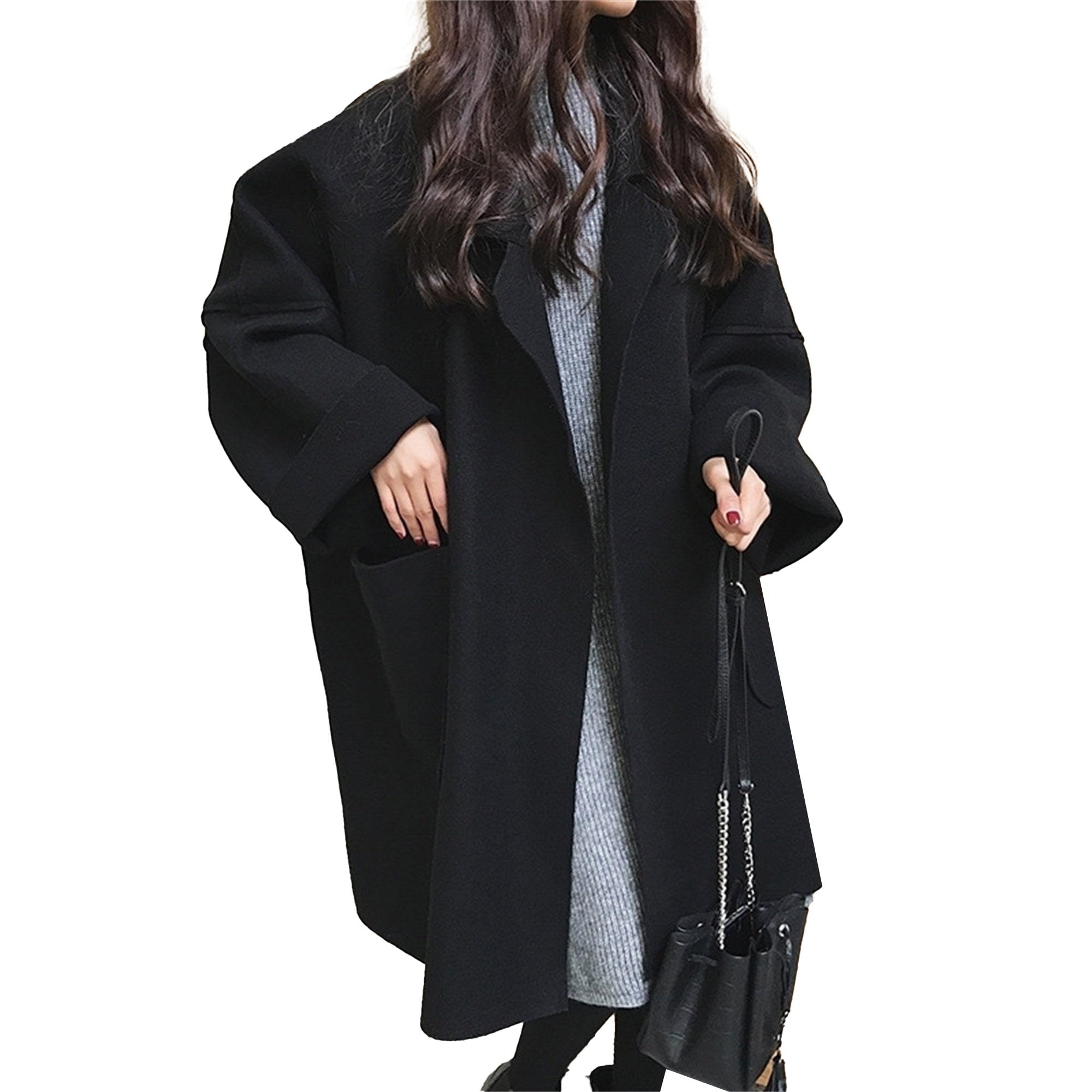 Maiyifu-GJ Womens Notched Lapel Cardigan Jacket Mid-Long Wool Blend Open Front Trench Coats Spring Fall Casual Coat