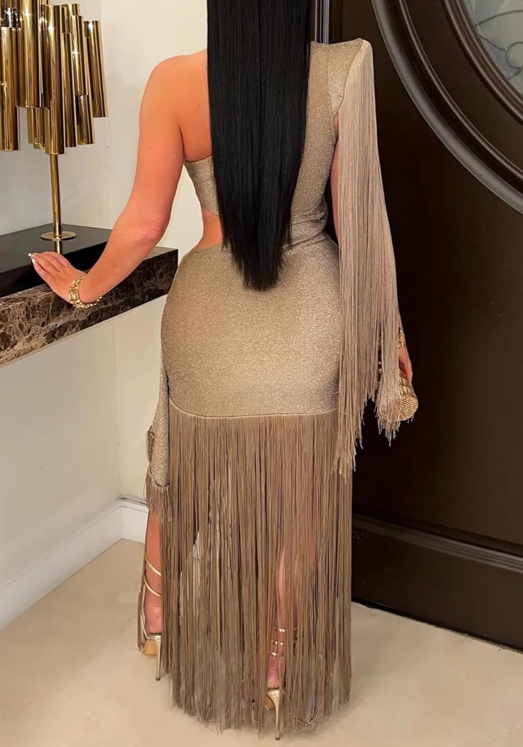 Womens Sexy One Shoulder Fringe Dress Elegant Sleeveless Maxi Dress Bodycon Flowy Club Party Cocktail Dresses - Image 2