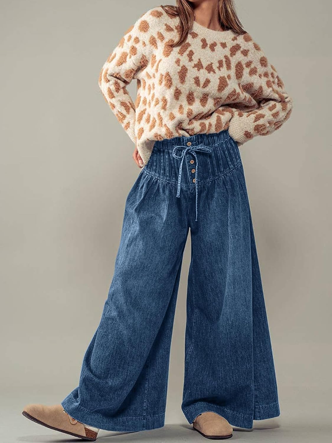 CHARTOU Women's Baggy Wide Leg Denim Pants Drawstring Midi Waisted Flare Jeans Ruffle Pleated Button Jeans - Image 2