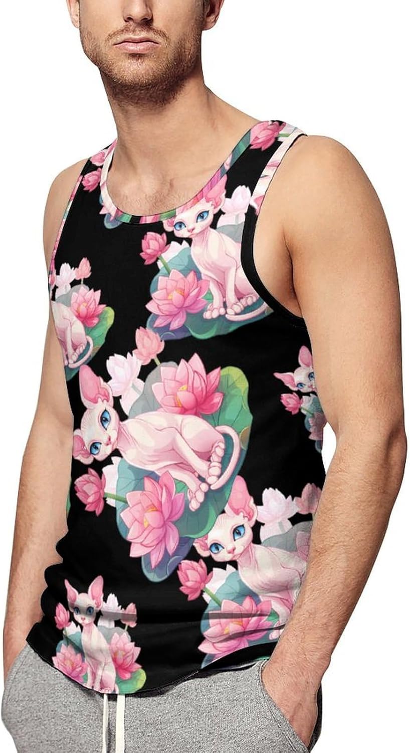 Cute Sphynxs Cat Flowers Men's Tank Top Sleeveless Muscle Shirts Vest Beach T Shirts for Workout Gym