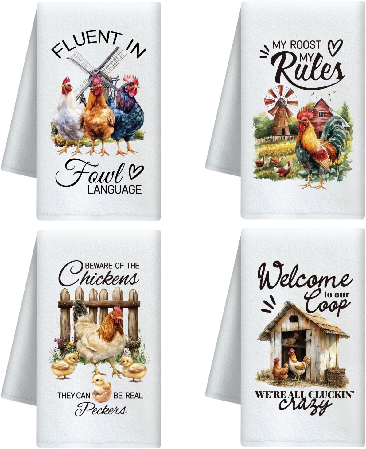 CUTHOLLOW 4Pcs Farmyard cockerel Kitchen Towels Cute Tea Towels