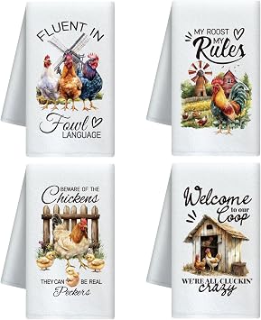 CUTHOLLOW 4Pcs Farmyard cockerel Kitchen Towels Cute Tea Towels