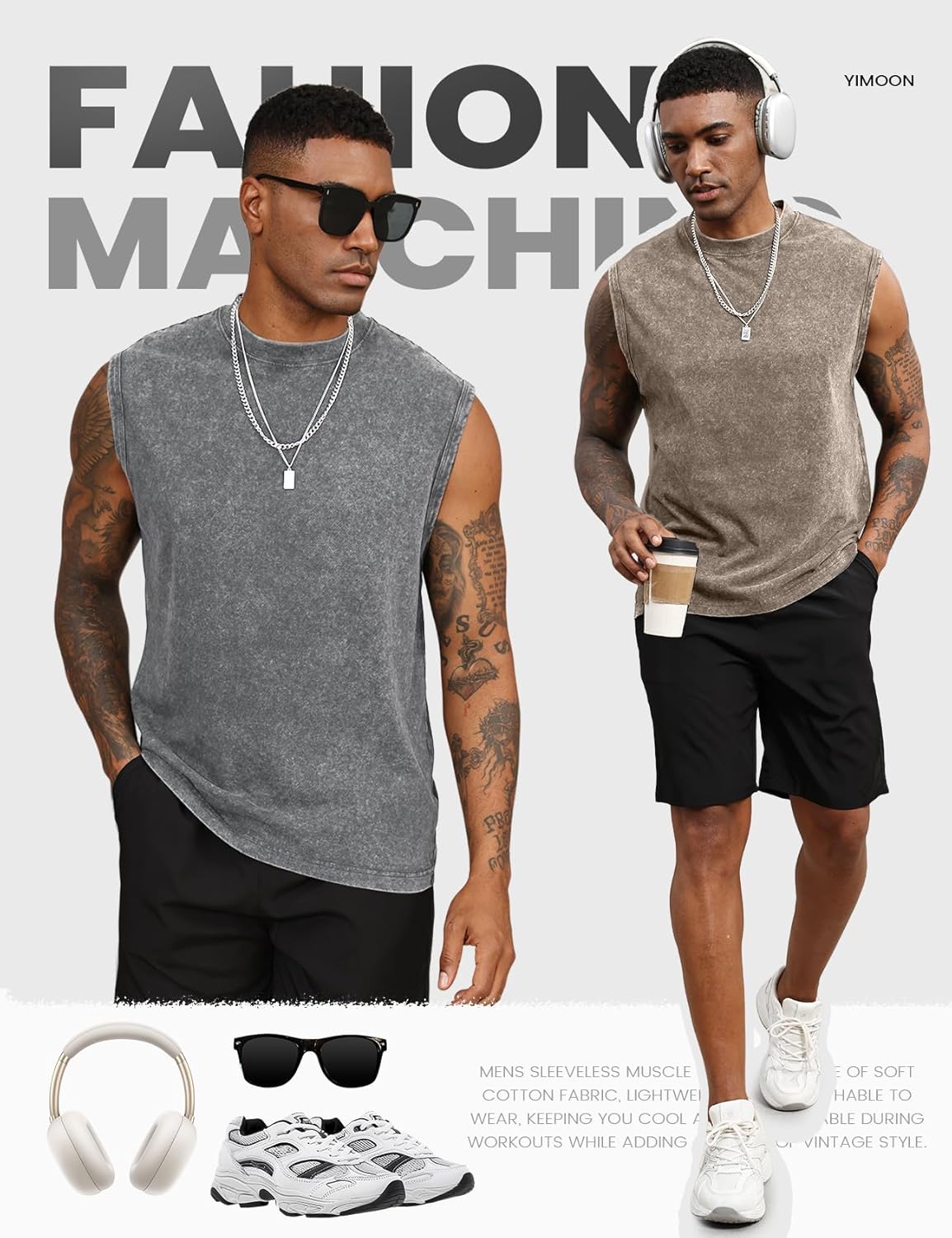 Yimoon Sleeveless Shirts for Men Workout Tank Tops Cotton Acid Wash Muscle Shirts Baggy Gym Tees - Image 5