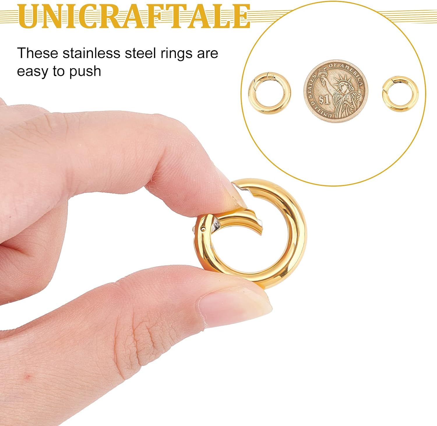 UNICRAFTALE 3pcs 3 Sizes Golden Spring Gate Rings 304 Stainless Steel Snap Clasps 9~13mm Inner Diameter Ion Plating(IP) Round Rings for DIY Jewelry Making