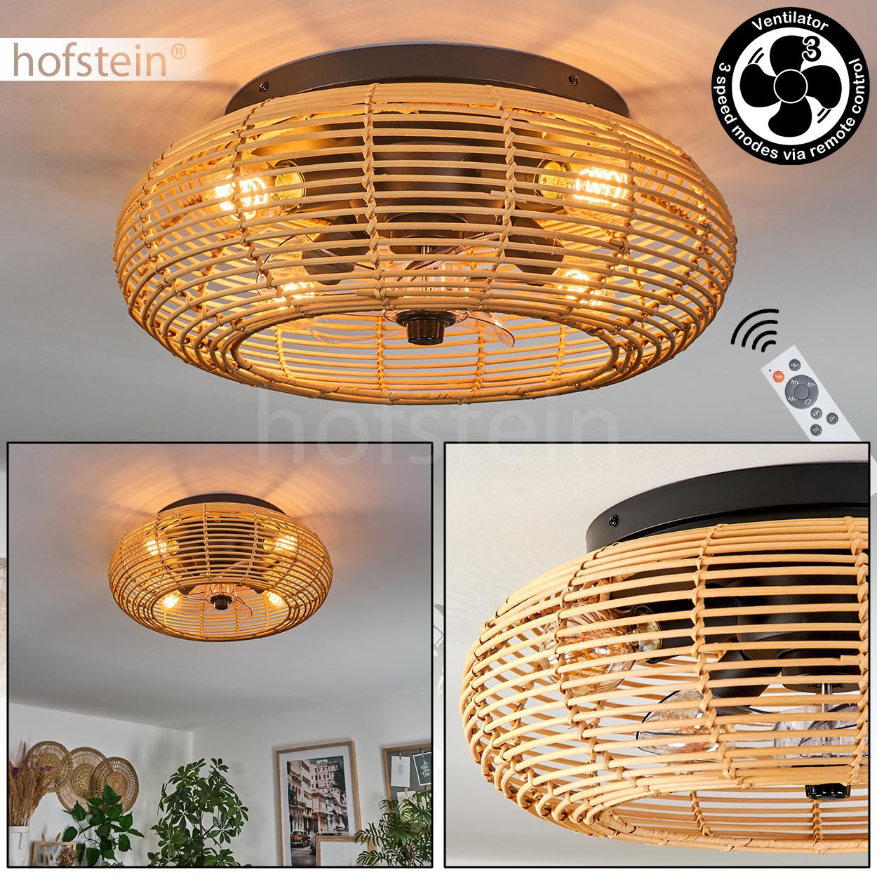 HOFSTEIN Ventilatore a soffitto Mulstrand, ventilatore in metallo/bamboo in nero/naturale con telecomando, funzione di flusso d'aria ascendente e discendente e effetto luce sul soffitto, plafoniera a