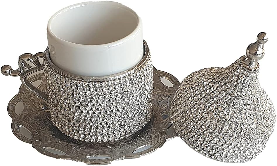 Turkish Coffee Espresso Crystal Cups Set (6 Cups set 27 Pc, 2 Cups set 11 Pc) with Saucer (6 Cups set, Silver)