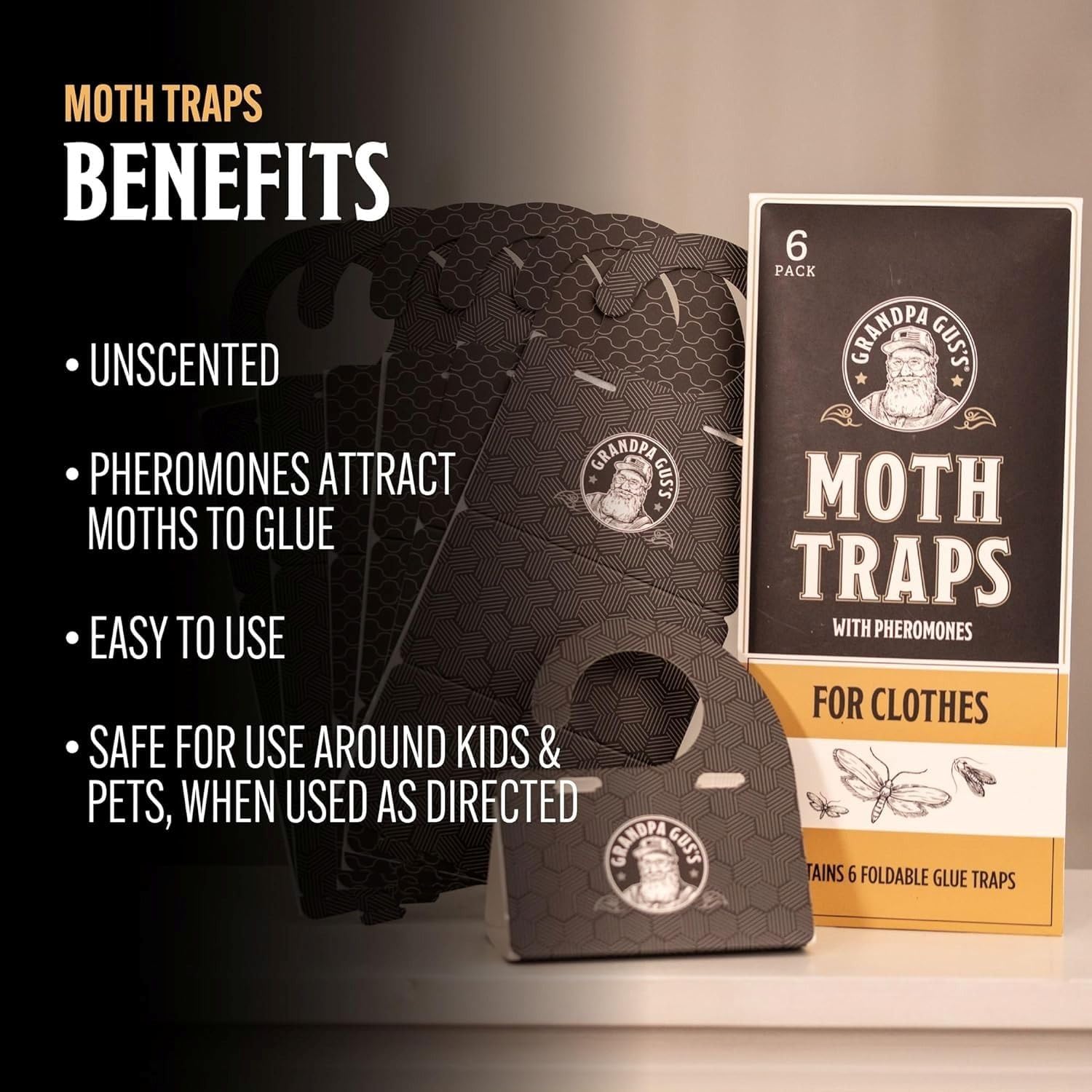Grandpa Gus's Moth Traps for Clothes, Clothing Moth Killer for Closet and Wardrobe, Pheromone Glue Trap, No Mothballs, Safe for Kids and Pets, 6 Pack