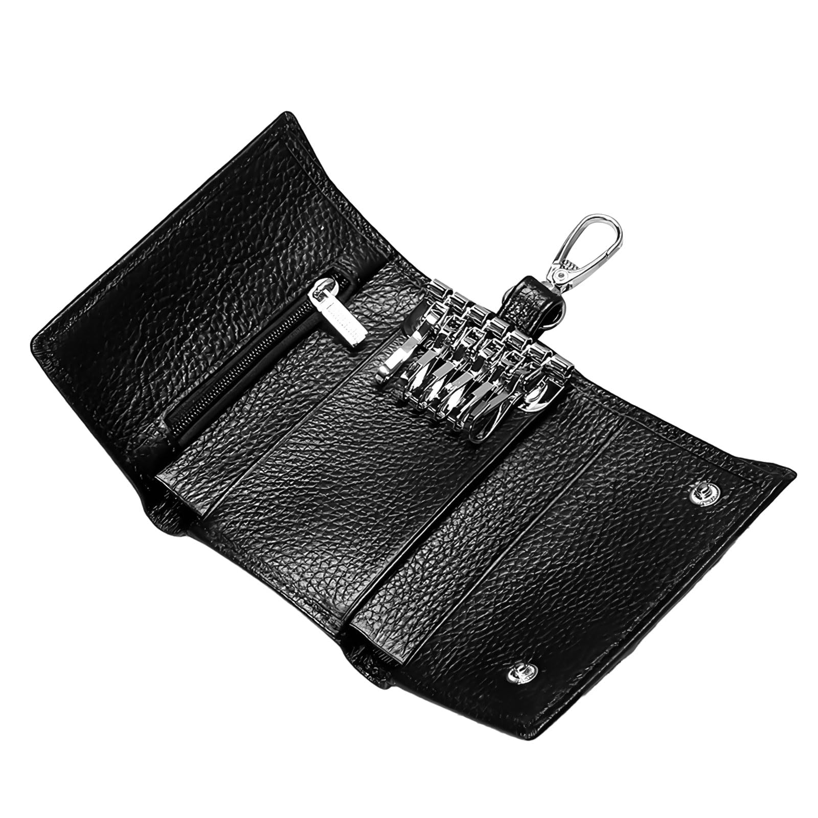 JABNOW Estuches de Llave Llavero Monedero Cuero Portátil Organizador Llaves con 6 Ganchos, Porta Llaves de Bolsillo, Estuche para Llavero Coche, Tarjetas y Efectivo, 11 * 7 * 3cm- Negro