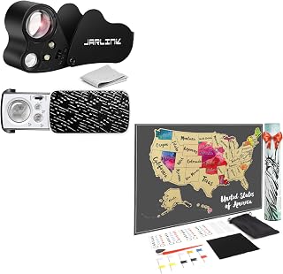 JARLINK Scratch Off USA Map Poster Bundle with 30X 60X 90X Illuminated Jewelers Eye Loupe Magnifier，Magnifying Glass with UV Black Light and Bright LED Light for Gems, Jewelry, Diamond, Coins, Stamps