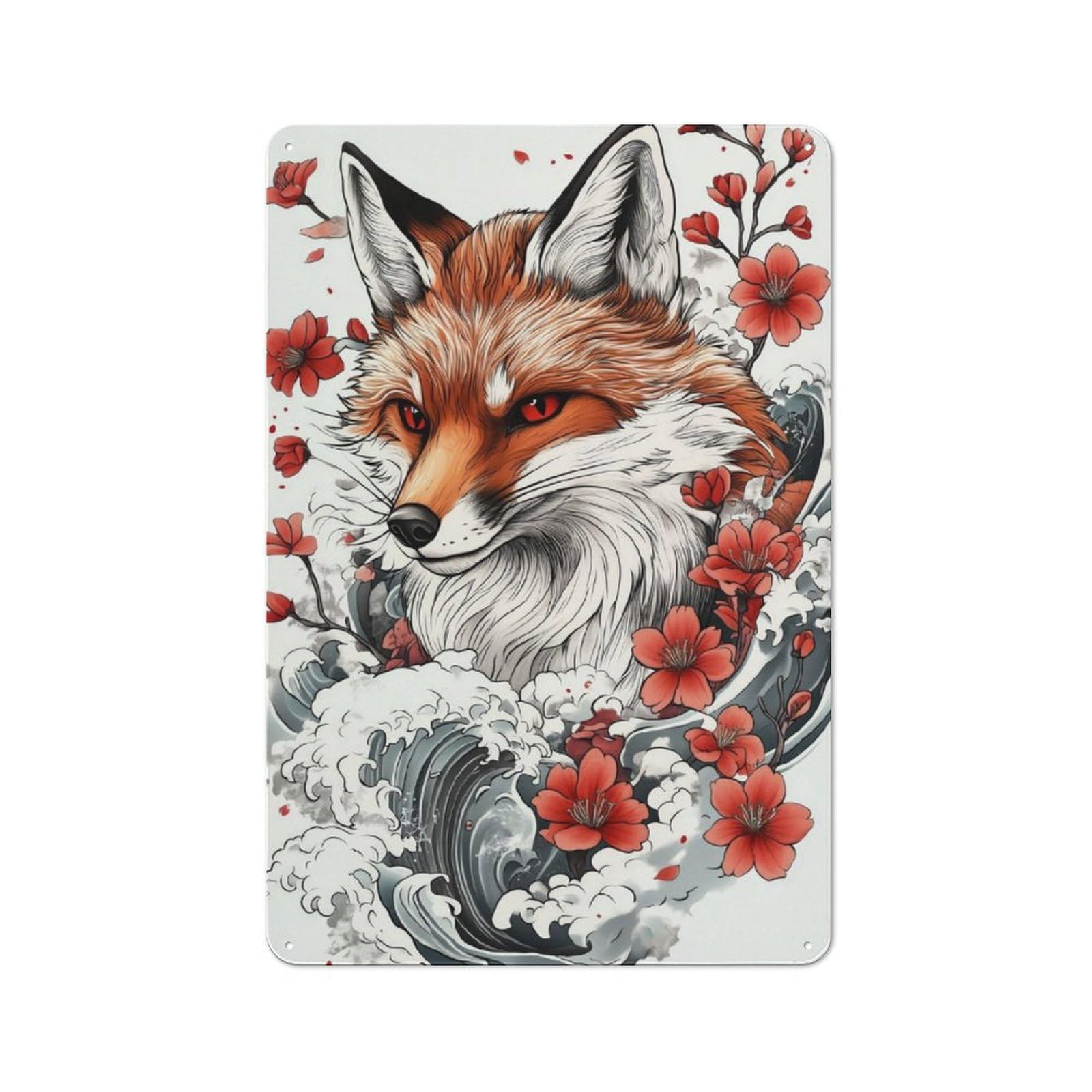 Junmoney Japanese Fox Tattoo Retro Tin Wall Plaque 30X20cm For Dining Room Or Kitchen, For Home Decor Collectors