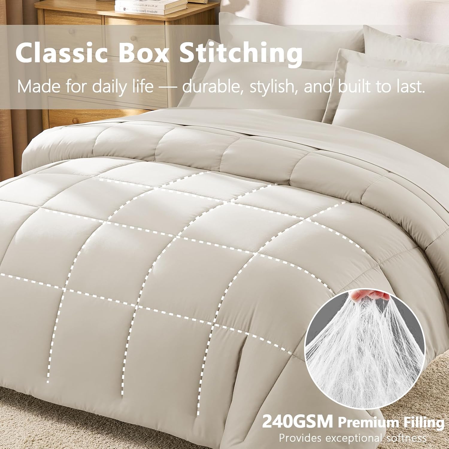 CozyLux Oversized Queen Comforter Set, 7-Piece Bed in a Bag, Beige image 4