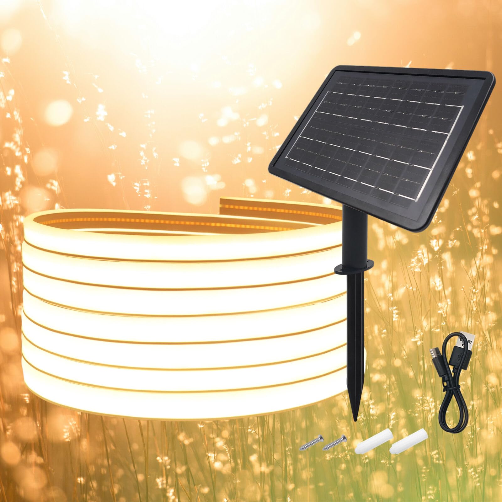 KISUFU 24V Solar LED Strip Lights Outdoor, 320 LEDs/m IP67 Waterproof Solar Powered Flexible Neon Tape Lights with 2400mah Solar Cell Box Controller for Yard Garden Decor.