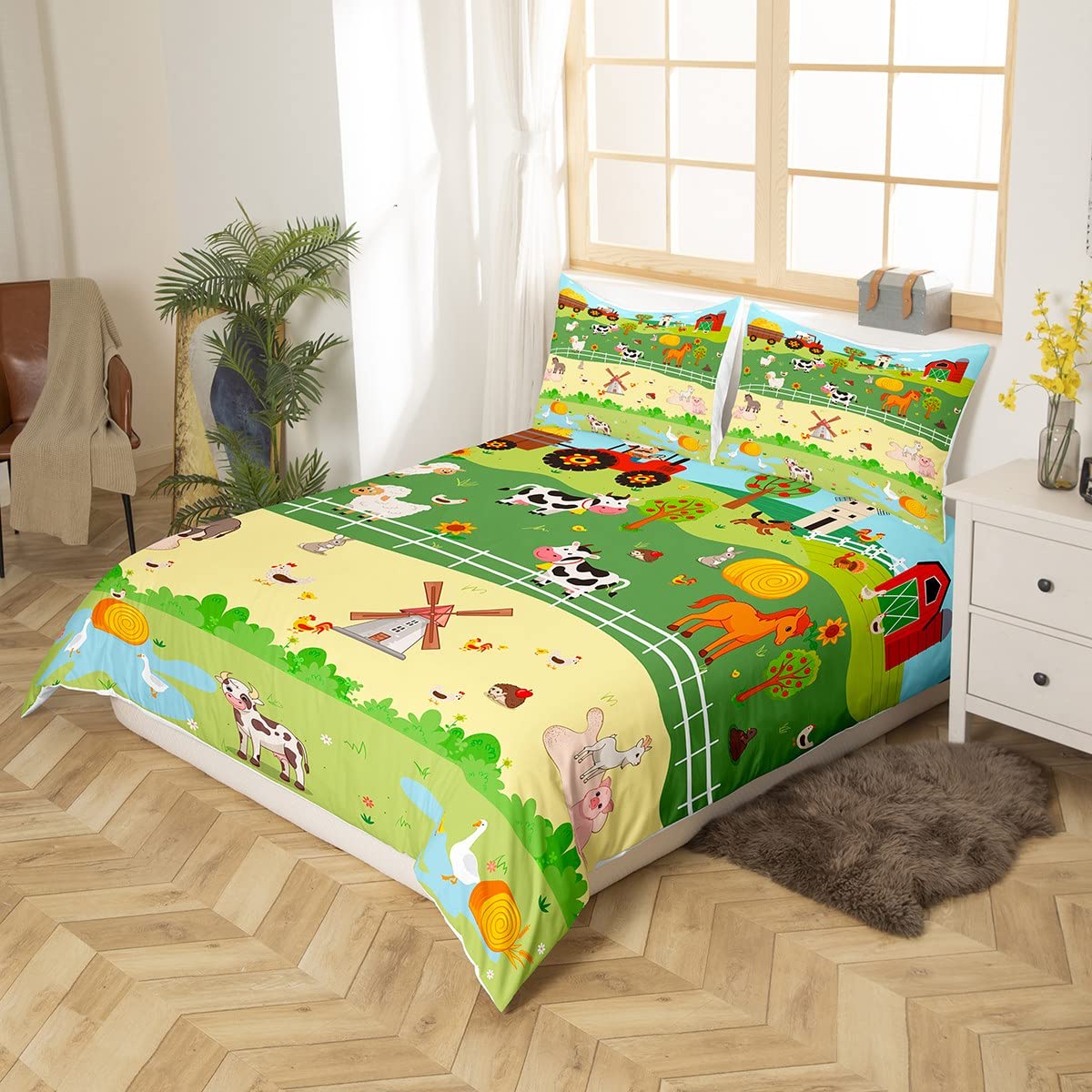 Fattoria Animale Copripiumino 135 x 200 cm Carino Mucca Cavallo Set di biancheria da letto per bambini piccoli, Fumetti Camion Trattore Consolatore Copertura Rustico Fattoria Letto Set Paese Gallo