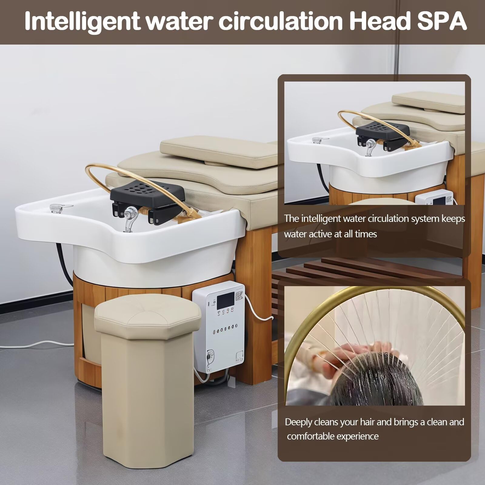 Head SPA łóżko z beżowym odcieniem naturalnego drewna do pielęgnacji głowy