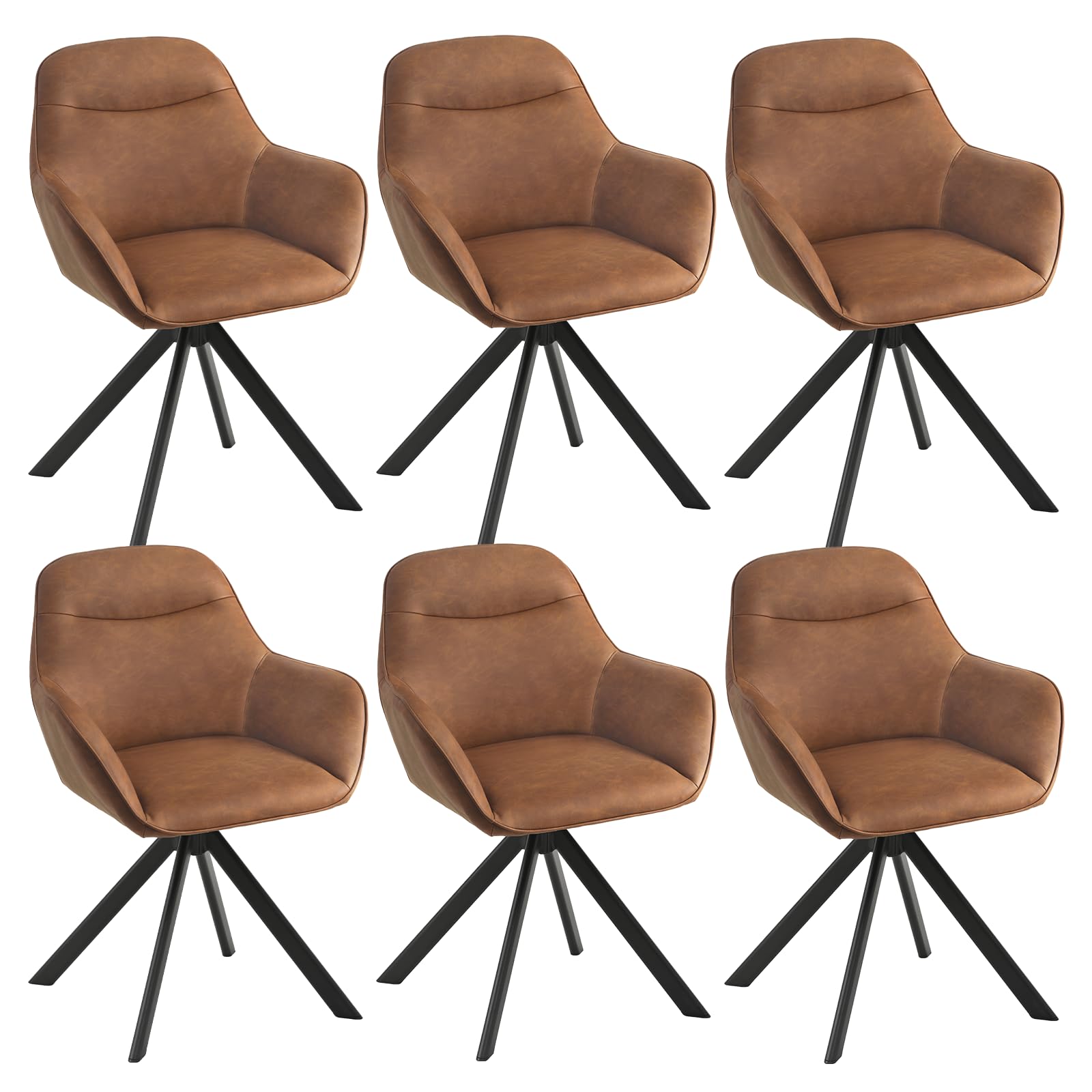 Esszimmerstühle Drehbar 6er Set mit Armlehne, 360° drehbar, Polsterstuhl Kunstleder, Drehstuhl Esszimmer, Küchenstuhl mit Metallbeine für Esszimmer, Küche, Braun