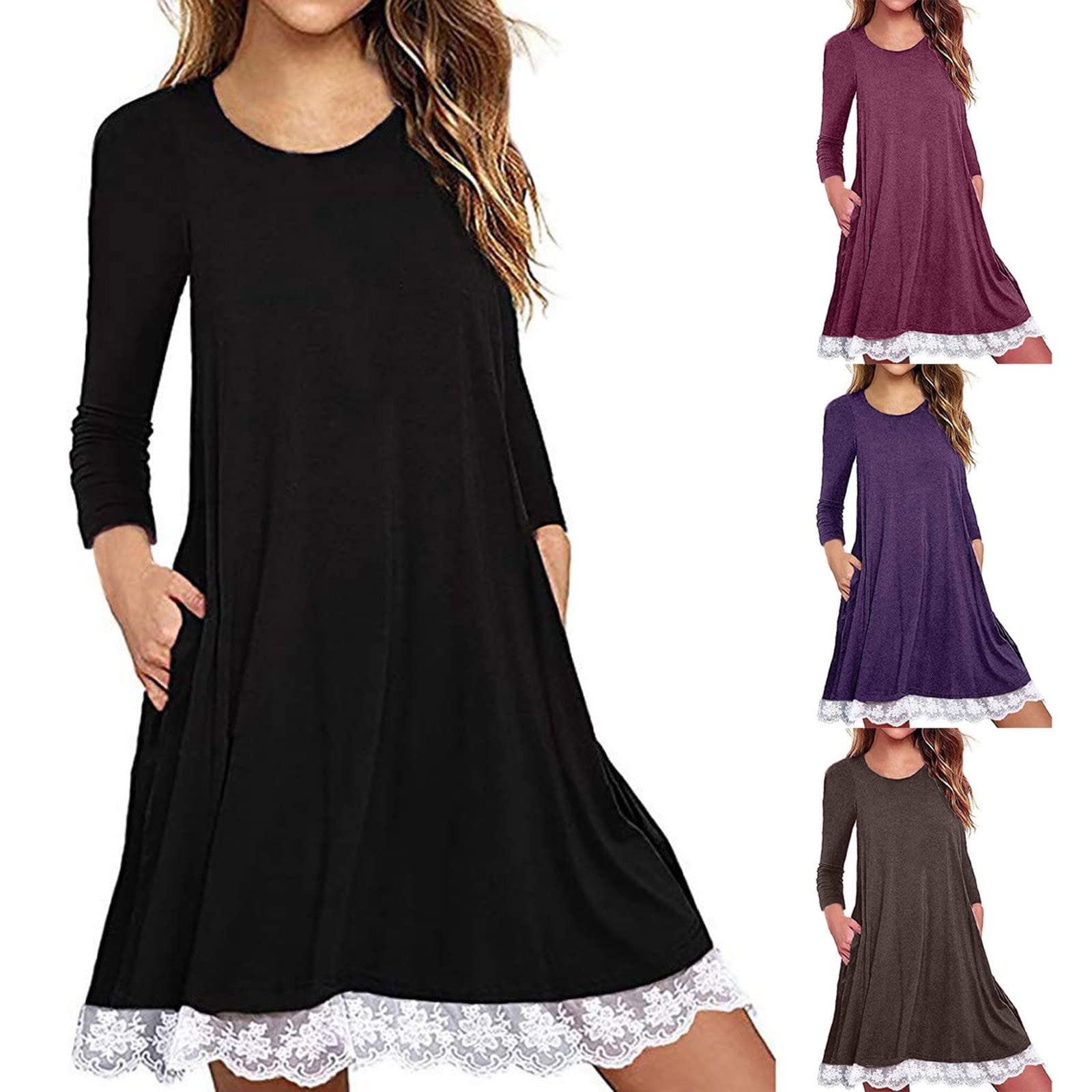 Women Ladies FashionO-Neck Long Sleeve Cotton Lace T Shirt Dress with Pockets Dress