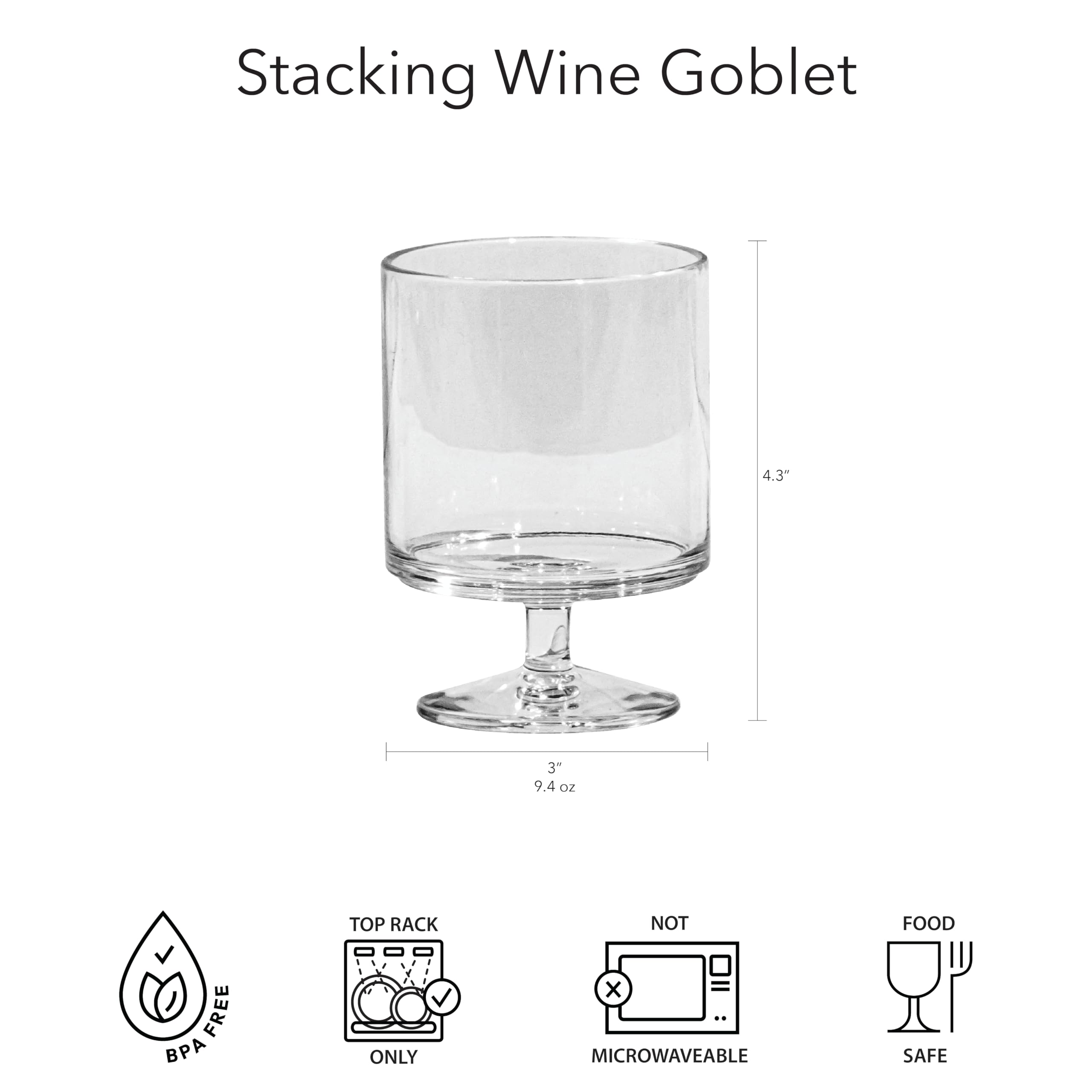 TarHong Juego de 6 copas de vino apilables, plástico premium, inastillable, para interiores y exteriores, 9.5 onzas, transparente