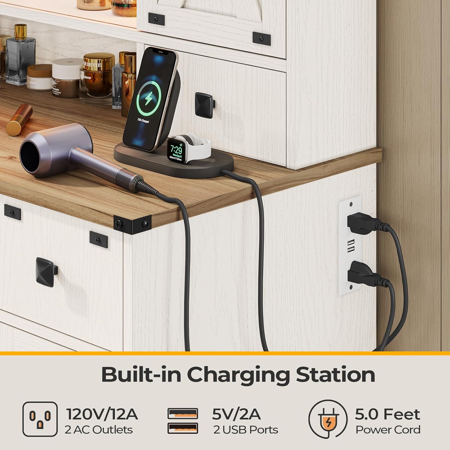 Hasuit Farmhouse Vanity Desk with Mirror and Lights, White Makeup Dressing Table with Charging Station, Rustic Vanity Mirror with Sliding Barn Door, Vanity Table with 3 Lighting Modes Adjustable