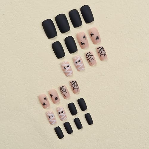 Miniatura 93 de Uñas postizas a presión de Halloween, cuadradas, medianas, con diseños de telaraña, parches coloridos, punta francesa, uñas acrílicas, uñas