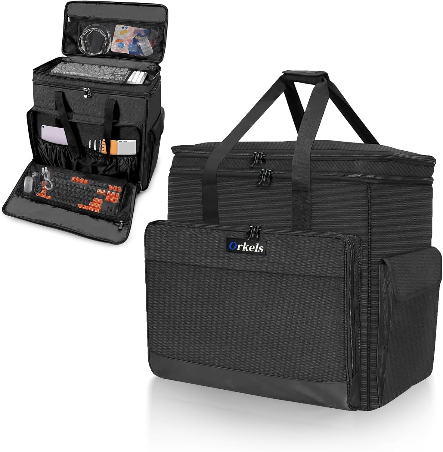 Double-Layer Desktop PC Tower Carrying Case, Travel Storage Bag for Computer Chassis, Keyboard, Mouse, Cables, and Accessories, Bag Only, Black