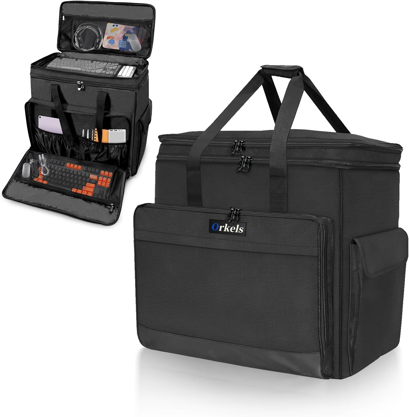 Double-Layer Desktop PC Tower Carrying Case, Travel Storage Bag for Computer Chassis, Keyboard, Mouse, Cables, and Accessories, Bag Only, Black