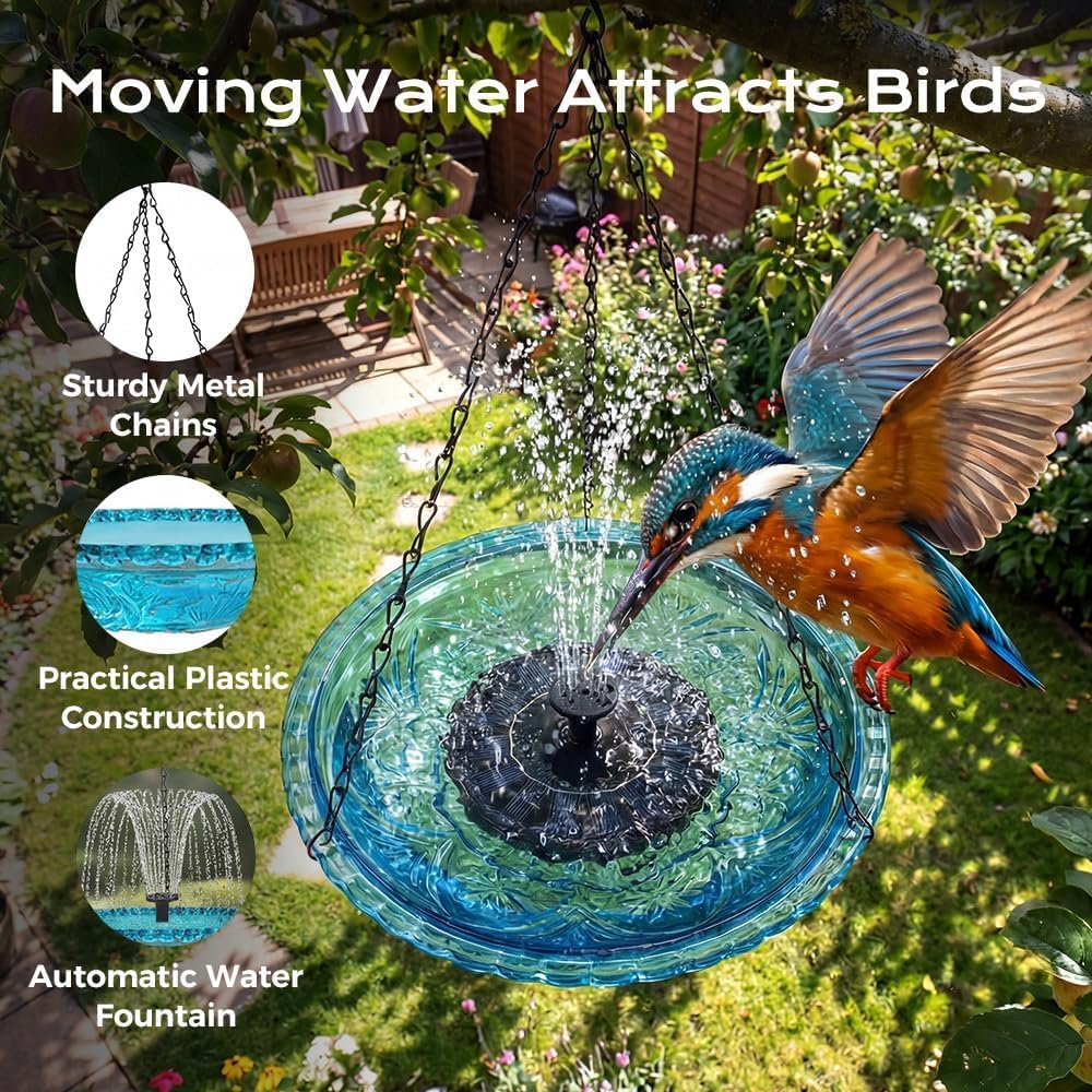 Hanging Solar Bird Bath Fountain - Cascading Water Feature for Garden, Solar Powered Bird Bath Fountain Outdoor, Hanging Bird Bath with Solar Fountain for Patio Yard Decor (Blue)