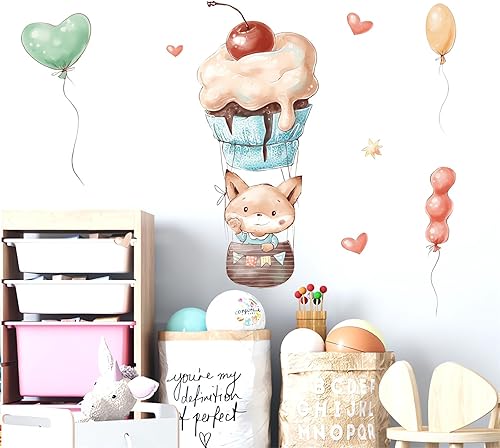 Miniatura 4 de Calcomanías de pared para globos de aire caliente con diseño de zorros de bebé, globos coloridos de dibujos animados, calcomanías de pared de