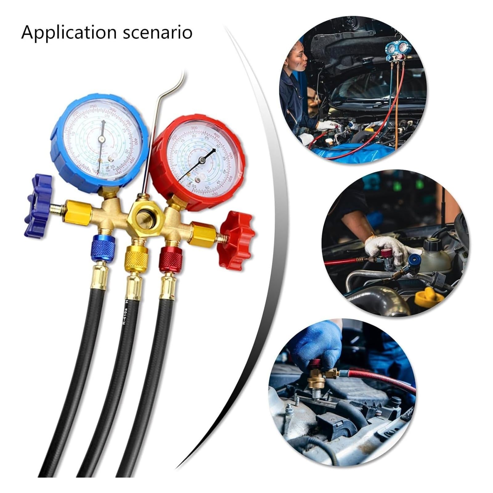 Juego de manómetros de diagnóstico de CA for refrigerantes R134A, R12, R22, R502, Herramienta de diagnóstico de Aire Acondicionado, Manguera con Gancho Compatible
