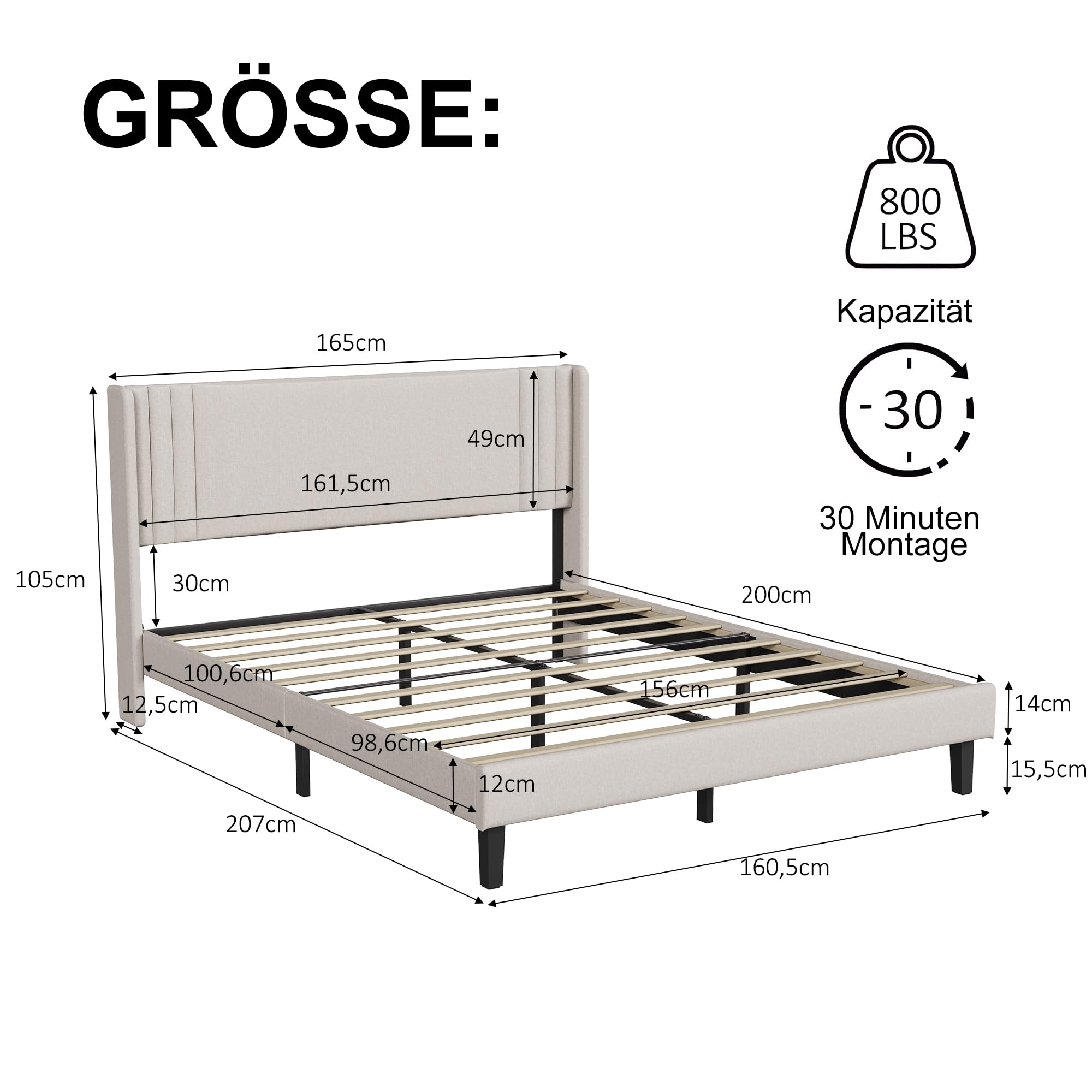 Lit Double 160x200 cm avec Sommier Inclus, Tête de Lit Capitonnée à Rayures, Cadre Robuste Bois et Métal, Revêtement Lin Matelassé Respirant, pour adultes et aux adolescents (Beige, 160x200cm)