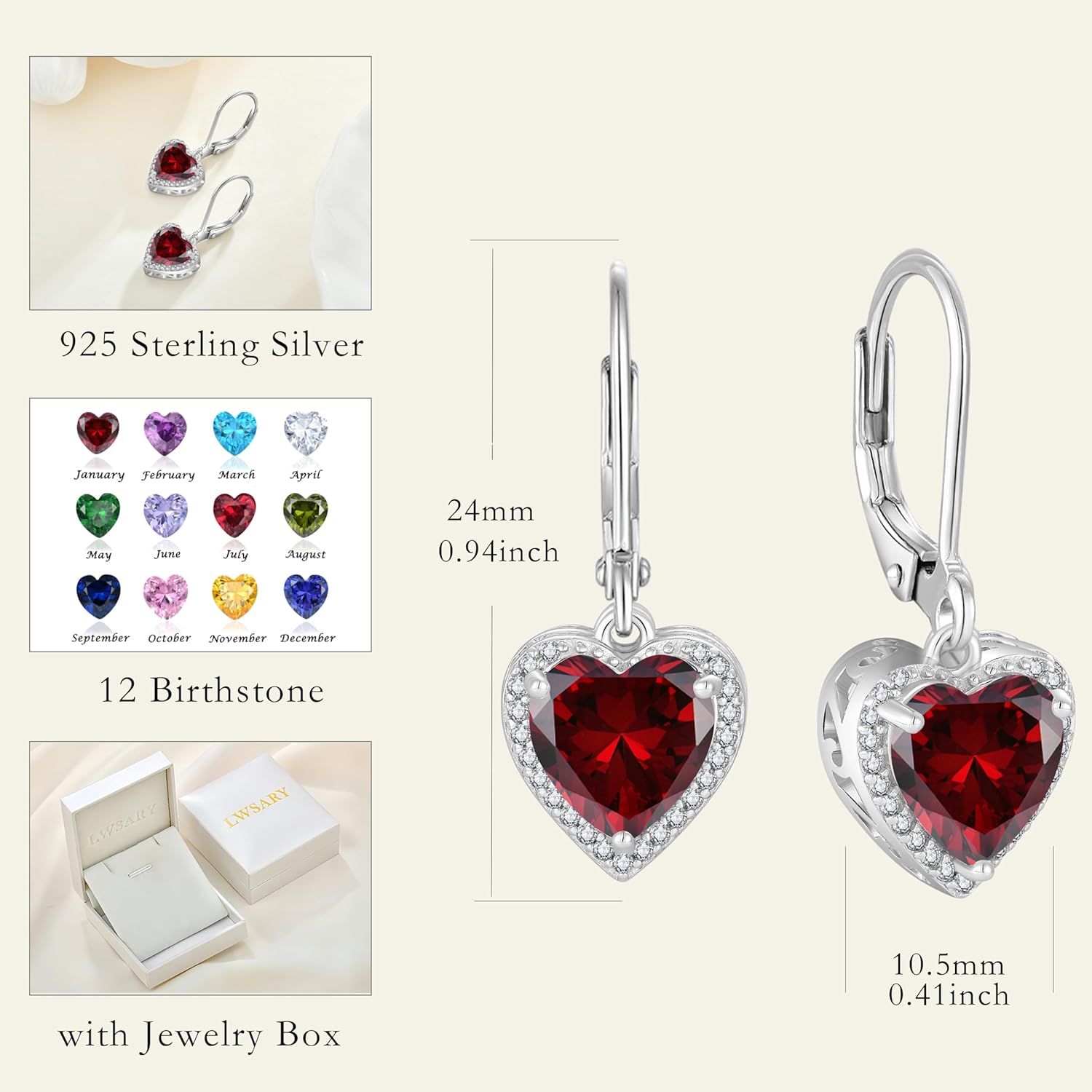Heart Dangle Drop Earrings 925 Sterling Silver Halo Solitaire Leverback Earrings Birthstone Jewelry for Women - Image 6